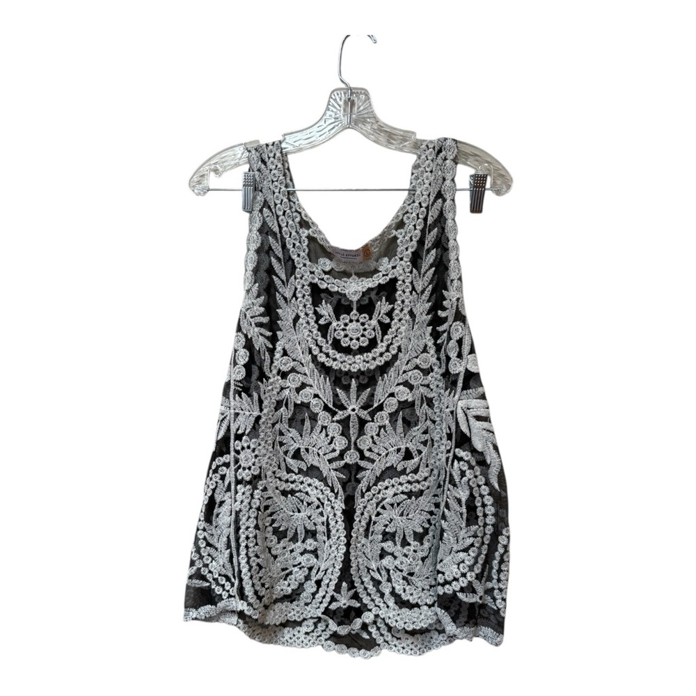 Black White Crochet Lace Overlay Tank Boho Festival Sheer Large